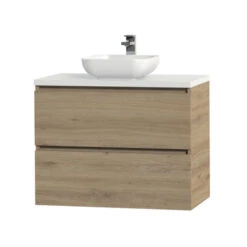 Tiger Karlo Badkamermeubelset 80 Cm Chalet Eik Met Wit Houten Wasblad En Glanzend Witte Keramische Waskom