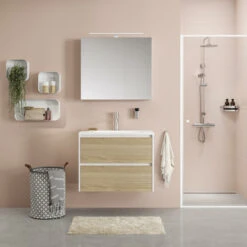 Tiger Reverse Meubelset 60 Cm Met 2 Lades Naturel Eik / Mat Wit Inclusief Quadro Wastafel Hoogglans Wit -Badkamer Winkel 123 621