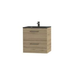 Tiger Studio Badkamermeubel 60 Cm Chalet Eiken Met Wastafel Polybeton Mat Zwart Greep Rvs Afgerond -Badkamer Winkel 123 667