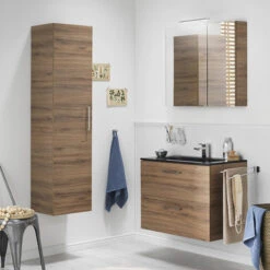 Tiger Studio Badkamermeubel 80 Cm Chalet Eiken Met Wastafel Polybeton Mat Zwart Greep Rvs Afgerond -Badkamer Winkel 123 729