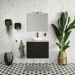 Tiger Maryport Badkamermeubelset 80 Cm Mat Zwart Met Licht Eiken Houten Wasblad, Keramische Opzetkom En Matzwarte Grepen -Badkamer Winkel 123 763